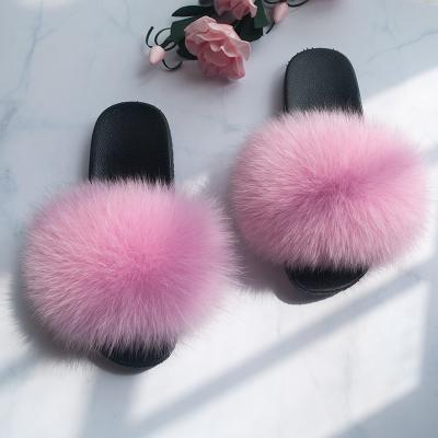 China Women Anti-Smell Faux Fox Fur Ladies Fluffy Slippers Wholesale Soft Comfortable Cheap Faux Fox Fur Slides for sale