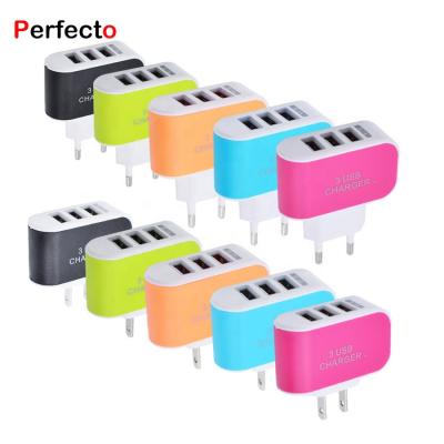 China Hot Selling LED Indicator Candy Color EU USA Plug Travel 5V/1A Adapter 3 Ports Usb Home Charger For iPhone 11 for sale