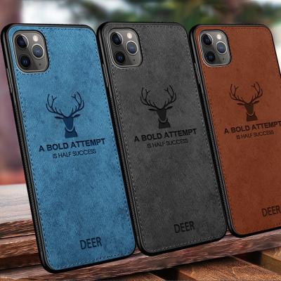 China Hot Selling Embossing Cell Phone Protector Christmas Elks 3D Deer Print Cloth Fabric Mobile Phone Leather Case For iPhone 11 Pro Max for sale