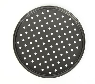 China Sustainable Carbon Steel Round Mesh Perforated Pizza Tray Pizza Bakeware With Holes Non-stick Coating Pizza Tray for sale