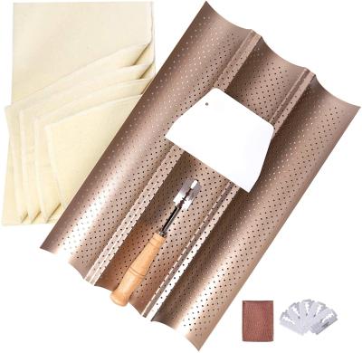 China Viable French Baguette Bread Making Kit Nonstick Perforated Baguette Pan Bake Proofing Layer Dough Cloth Bread Lame Dough Scraper Set for sale