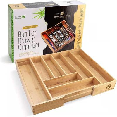 China Bamboo Organizer Tableware Storage Tray Kitchen Drawer Cutlery Tray Utensils Bamboo Viable Storage Box Separation for sale