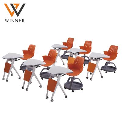 China Modern Dismountable Foldable Combo Mobile Student Desks Trapezoid Shape Folding Table Tables Chairs Set for sale