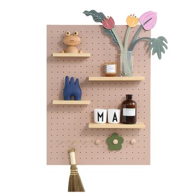 China Convertible Toy Nordic Pink Wood Wall Mount Pegboard Wall Mount Hook Desk Organizer Rack Display Wall Shelf for sale