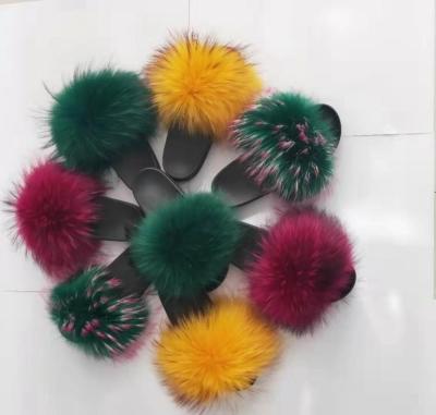 China Custom 2022 fashion street style real fox and raccoon fur women slippers indoor soft sandal slippers for sale