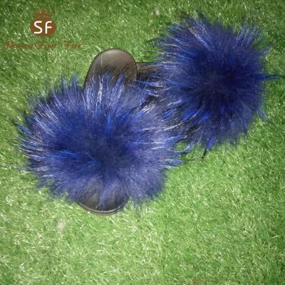 China Newest Style Plush Soft Fluffy Women's Plush Slippers Plush Raccoon Fur Indoor Blue Fluffy Sandals for sale