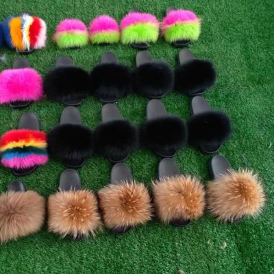 China 2022 fashion trend custom made raccoon fur slips sandals cheap sale indoor slippers for women for sale