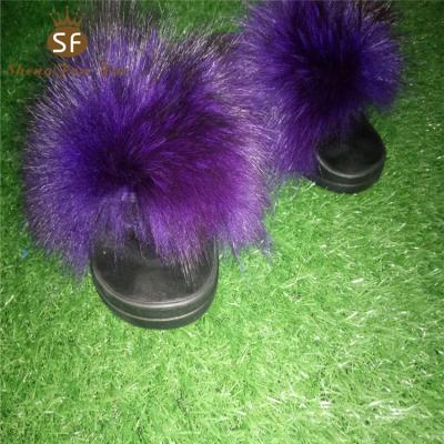 China 2022 new design fluffy and soft fluffy and best selling raccoon soft fluffy fur slips slippers with logo customized for sale