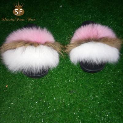 China New fashion fluffy and soft fluffy and soft slippers fox and raccoon fur mix summer slip sandals in china for sale