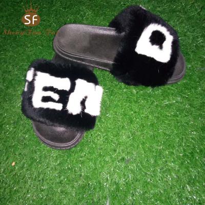 China Summer Fashion Design Women Real Fluffy Soft Fluffy Outdoor Rabbit Fur Flat Slippers for sale