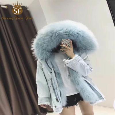 China Real Viable Cowboy Custom Dark Blue Buttons Real Arctic Fox Fur Hooded Striped Fluffy Women's Parka Coat With Natural Fur for sale