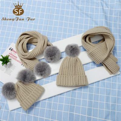 China 2022 COLOR Fashion COMMON Beanie Hat Hot Selling Long Scarf 4 Pieces Set Fur Pompom Knitted Hats Or Baby for sale