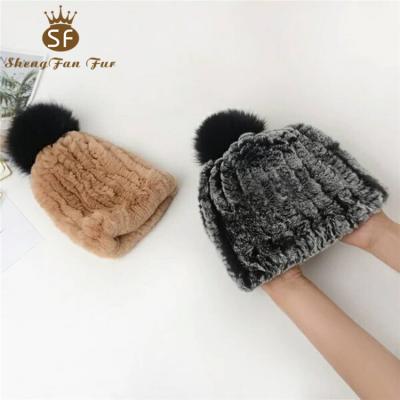 China Real Fur Pompom Rex Rabbit Fur Kids Knitted Beanie Baby Hat Caps With Winter Warm COMMON SALE for sale