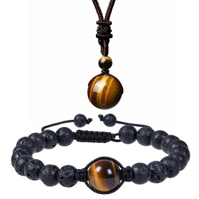 China Beautiful Simple Natural Yellow Blue BOHEMIA Tiger Eye Crystal Stone Hand Woven Necklace Bracelet Set For Women Men Jewelry for sale