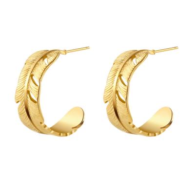 China FASHIONABLE Feather Stainless Steel Earrings 14k Real Gold Plated Titanium Steel Stud Earrings Fashion Simple Jewelry for sale