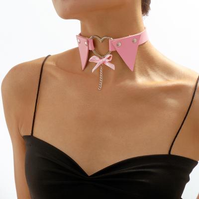 China Gothic Punk Style Choker Jewelry PU Heart Leather Bow Ties Shaped Choker Necklace For Women Girls for sale