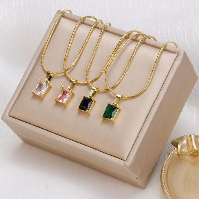 China Green 18K Gold Stainless Steel Europe and America Snake Bone Chain Flat Square Zircon Blade Chain Pendant Female for sale