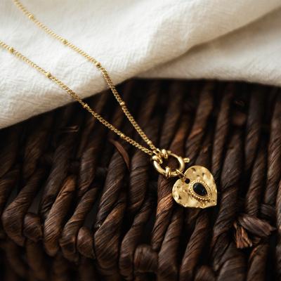 China Best Selling TRENDY Stainless Steel Necklace Gold Plated Chain With Beads And Heart Shape Inlaid Drop Gemstone Pendant Necklaces for sale