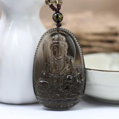 China Natural Pendant Necklace Coins Jewelry Mineral Necklace Crystal Stone Black Obsidian Carved Buddha Lucky Amulet Energy Gemstone Beads for sale