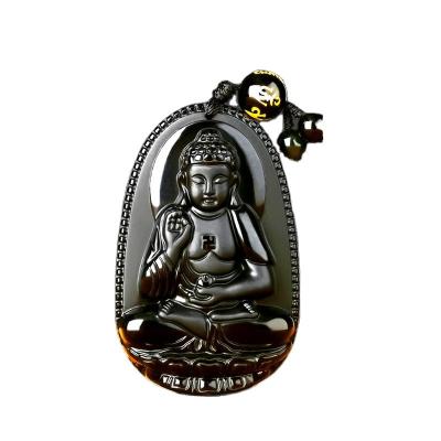 China Pendant Parts Natural Black Obsidian Avalokiteshvara Guanyin Buddha Head Dangling Amulets And Talismans Rub With Bead Necklace for sale