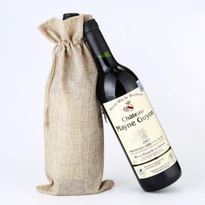 China New latest style handled burlap bag, unique burlap wine bag, drawstring bag for wine for sale