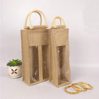 China Handled Recyclable Jute Wine Bottle Bag Double Bottle Customized Packing Gift Bag for sale