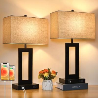 China Traditional Black Table Lamp Set with USB and Outlet (set of 2) for sale