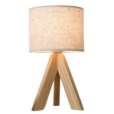 China Traditional Light Brown Wooden Tripod and Fabric Shade Table Lamp Set (Set of 2) for sale