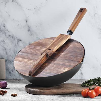 China KOBACH Healthy Pot 32cm Handle Cast Iron Flat Bottom Kitchen Wooden Wok Pan With Wood Non Stick Cover for sale