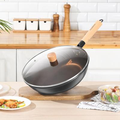 China KOBACH Organic Food Pan Cast Iron Cookware Kitchen Non-Coating Traditional Wok Viable Non Stick Pan With Wooden Handle for sale