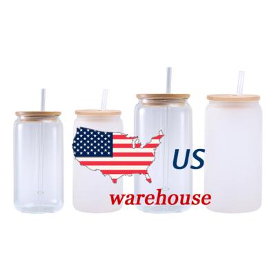 China 16oz Viable Frosted Clear Beer Can Shaped Sublimation Beer Can Glass Jar With Bamboo Lid And Plastic Straws for sale