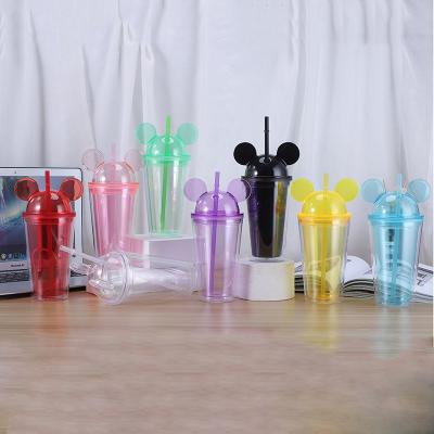 China Double Wall Sustainable Acrylic Water Cup 16oz Bpa Free Clear Plastic Dome Mouse Ears Lid Tumbler With Straw for sale