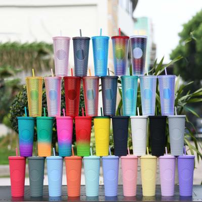 China Viable Reusable Diamond Drinking Cups Multi Color Double Wall Matte Plastic 24oz Black Tumblers Studded Tumblers Pink for sale