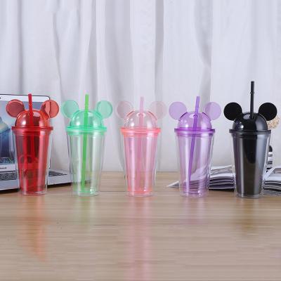 China Durable Clear Acrylic Wall Cup 16oz Double Wall Plastic Mouse Ears Tumbler With Dome Lid And Straw for sale