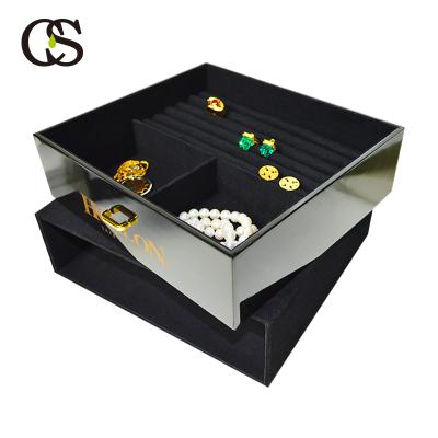 China Luxury Black Velvet MDF Wooden Jewelry Tray For Pendant Ring Bracelet Gemstone Jewelery Show Display for sale