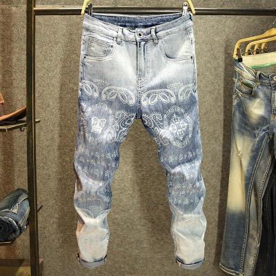 China 2022 new brand fashion men's blue jeans men's breathable loose straight pants printed washed vintage fashion men's pants for sale