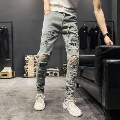 China 2022 Ins Fashion Straight Brand Men's Summer Jeans Hole Patch Tube Old Zipper Gaiters Breathable Slim Fit Pants for sale