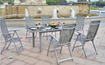 China All Weather Outdoor Garden Table And Chairs Set For Dining 7 Piece for sale