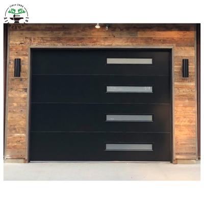 China Windproof Frameless Flush Steel Sectional Garage Door With Tempered Glass Square Window for sale