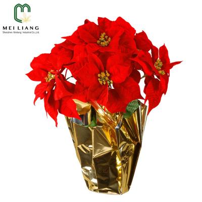 China Minimalist Christmas Decorations 43cm Size Potted Flowers In Gold Wrapped Pot With Red Artificial Poinsettia for sale