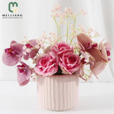 China Contemporary Pink Girl Heart Of Simulation Of Rose Orchid Babysbreath With Pink Stripe Ceramic Basin Decorate Your Home for sale