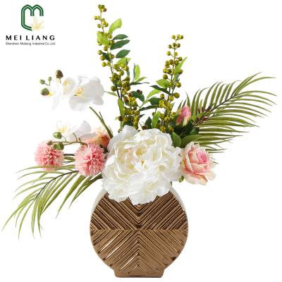 China Minimalist Wholesale Wedding Decoration Gold Home Vase With Artificial Silk Flower Plant Peony Multifold Daisy Rose Orchid Mix for sale