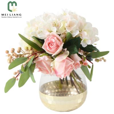 China Factory Minimalist Hot Sale High Quality Real Touch To Wedding Home Decoration Gold Glass Vase With Artificial Flower Silk Rose Hydrangea for sale