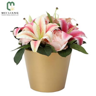 China Artificial Calla Rose Minimalist Wedding Lily Mix Rose Flower Real Factory Wholesale Touch Bouquet In Gold Metal Vase for sale