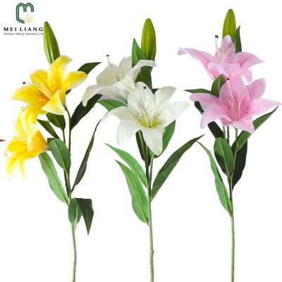 China HQ Stem 3 Heads Real Lily Bridal Wedding Artificial Flowers Party Decor Bouquet PEVA Minimalist Hot Selling Simple Contact for sale