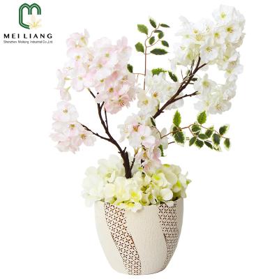 China Silk Ceramic Cherry Blossom Vase Artificial Cherry Blossom Flowers Arrangements In Wedding Party Minimalist Faux Home Decorations for sale