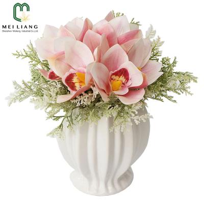 China Minimalist Home Decorations Fake Cymbidium Silk Flower Arrangements Ceramic Vase Garden Cymbidium Centerpiece Wedding Party for sale