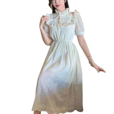 China OEM DOM Customized Autumn Elegant Casual Pleated Anti-Static Pleated Fashion Body Dress Ladies Puff Sleeves Print Corset Korean Casual Dress for sale