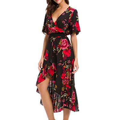 China OEM DOM Customized Anti-Wrinkle 2022 Elegant Casual Boho Dress Women A Line Shape Ladies Sexy V-Neckline Short Sleeve Floral Casual Dress for sale