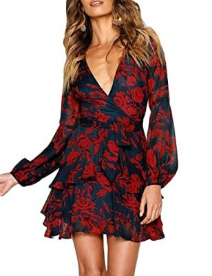 China OEM/ODM Autumn Club Party Viable Women Sheath Long V Neck Belt Decoration Floral Mini Tunic A Line Dress Casual Dress for sale